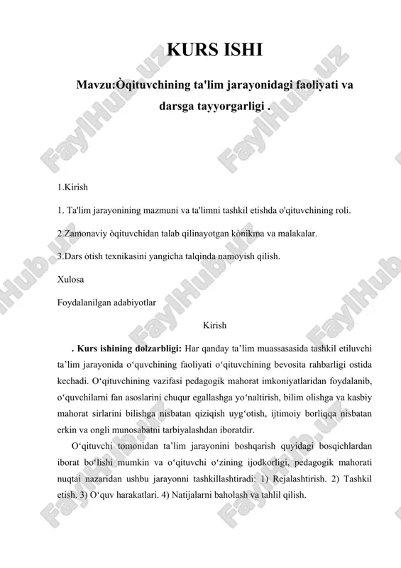 o'qituvchining ta'lim jarayonidagi faoliyati va darsga tayyorgarligi — DOCX