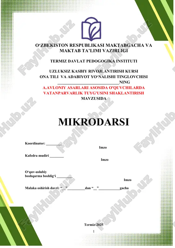 a.avloniy asarlarining o‘zbek adabiyotida tutgan o‘rni — DOCX