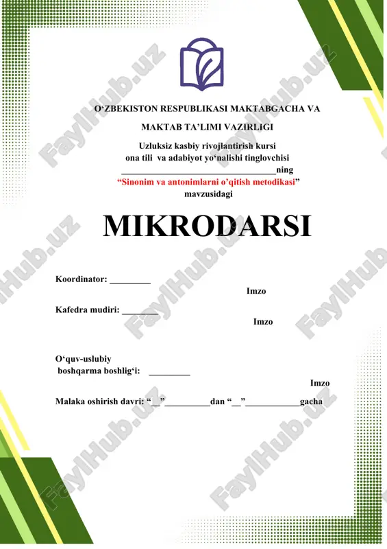 sinonim va antonimlarni o’qitish metodikasi — DOCX