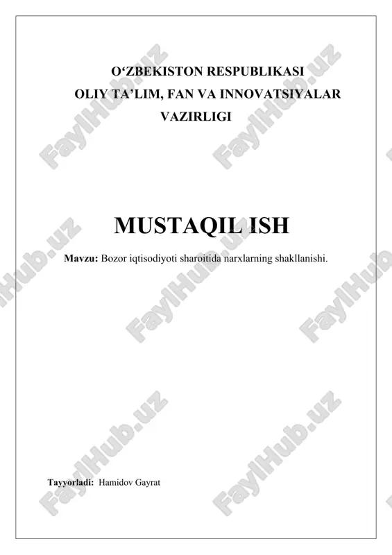 bozor iqtisodiyoti sharoitida narxlarning shakllanishi — DOCX