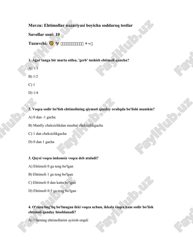 ehtimollar nazariyasi boyicha soddaroq testlar — DOCX