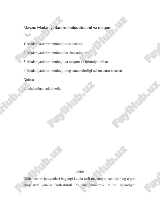 madaniyatlararo muloqotda rol va maqom — DOCX