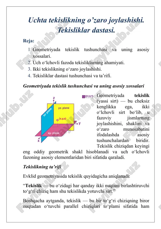 geometriyada tekislik tushunchasi va uning asosiy xossalari — DOCX