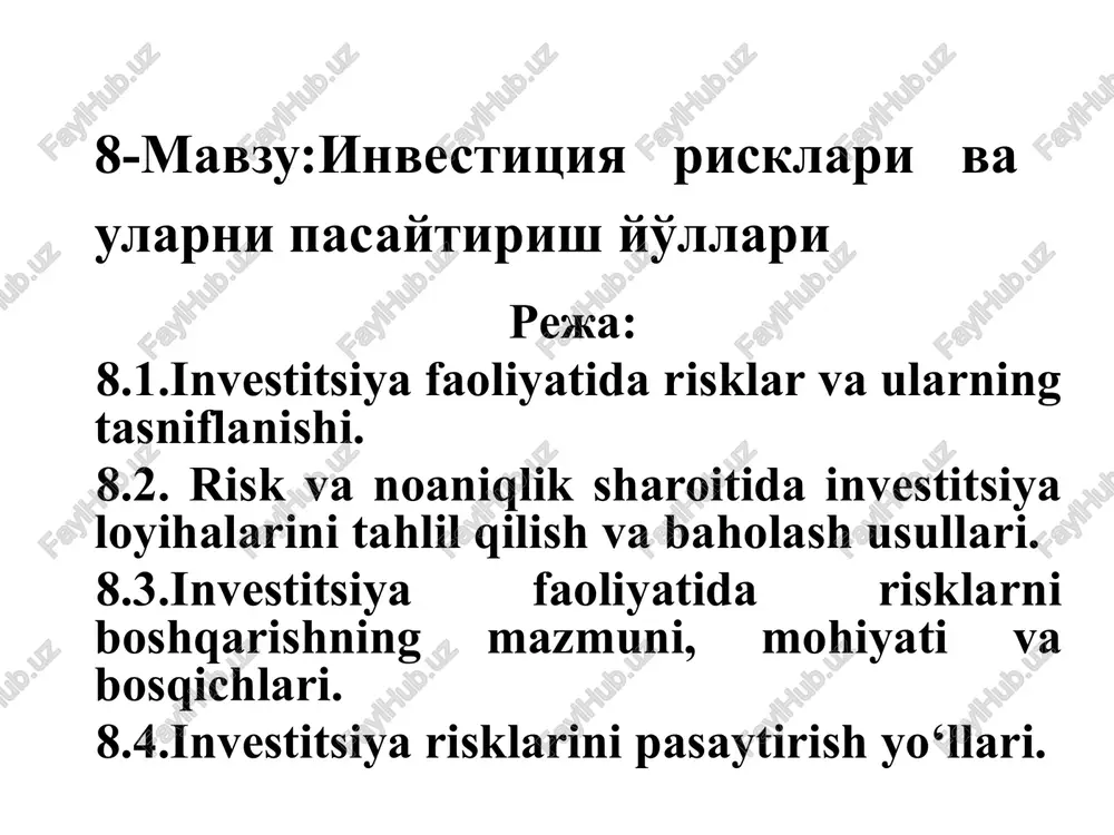 investitsiya risklari va ularni pasaytirish yo'llari — PPTX