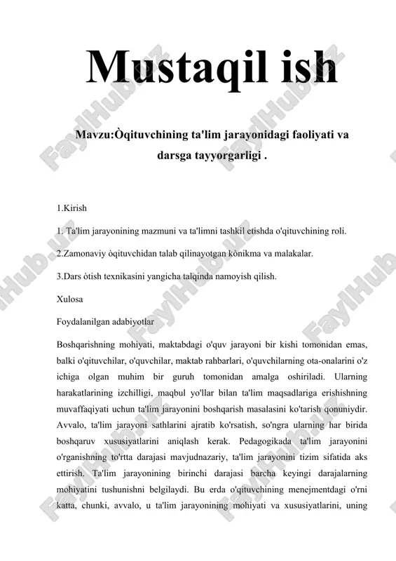 øqituvchining ta'lim jarayonidagi faoliyati va darsga tayyorgarligi — DOCX