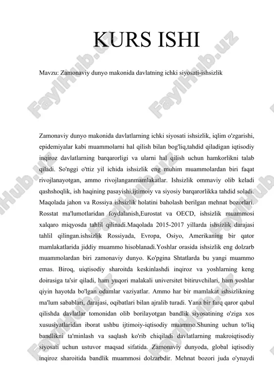 zamonaviy dunyo makonida davlatning ichki siyosati-ishsizlik — DOCX