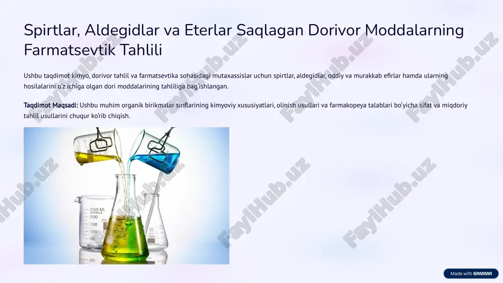 spirtlar, aldegidlar va eterlar saqlagan dorivor moddalarning farmatsevtik tahlili — PPTX
