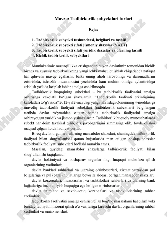 tadbirkorlik subyektlari turlari — DOCX