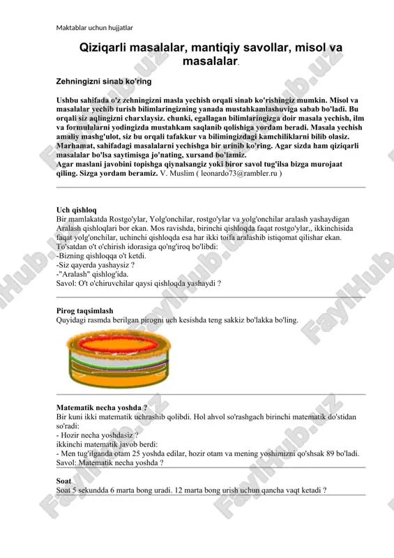 qiziqarli masalalar, mantiqiy savollar — DOC