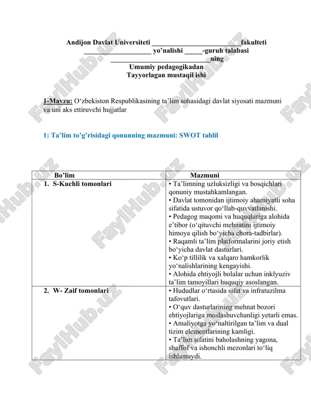 ta'lim sohasidagi davlat siyosati mazmuni — DOCX