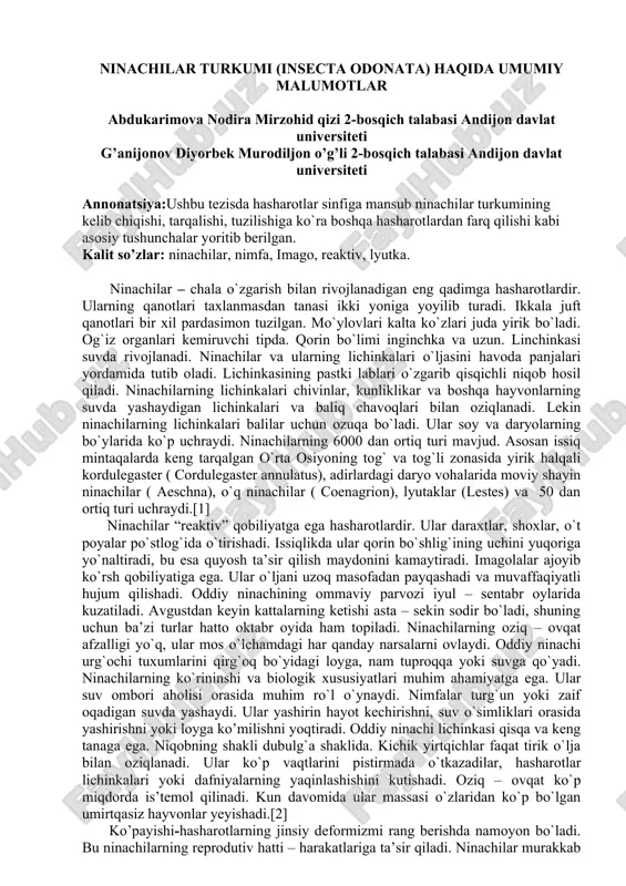 ninachilar turkumi (insecta odonata) haqida umumiy malumotlar — DOC