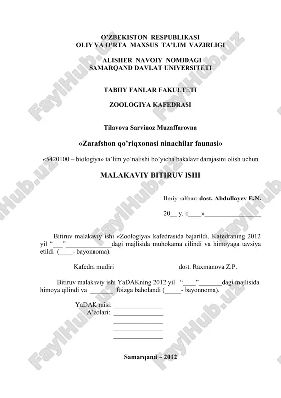 zarafshon qo’riqxonasi ninachilar faunasi — DOC