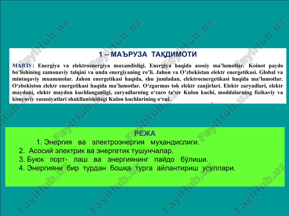 energiya va elektroenergiya muxandisligi — PPT