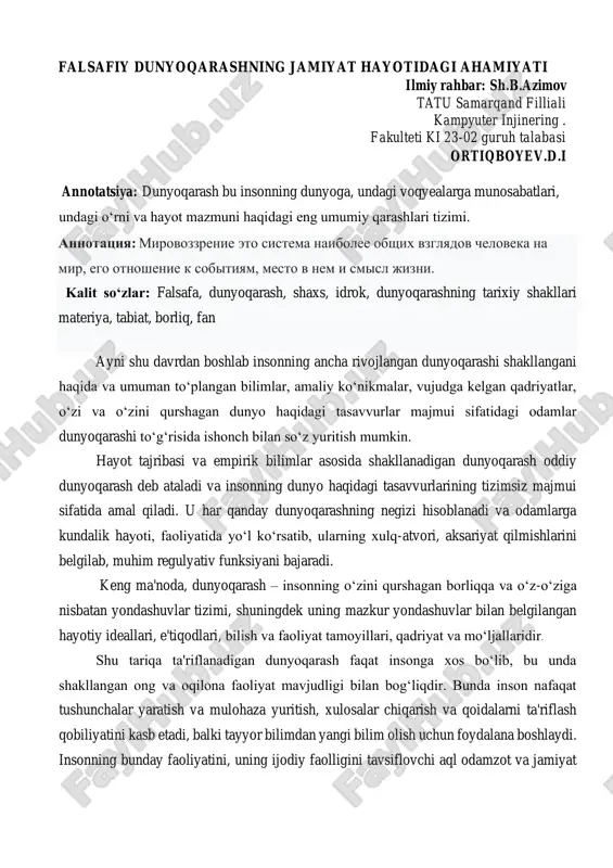 falsafiy dunyoqarashning jamiyat hayotidagi ahamiyati — PDF