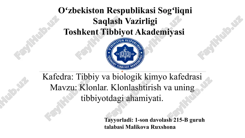 klonlar. klonlashtirish va uning tibbiyotdagi ahamiyati — PPTX