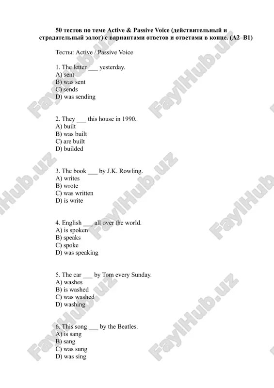 50 testov po teme active & passive voice — DOCX