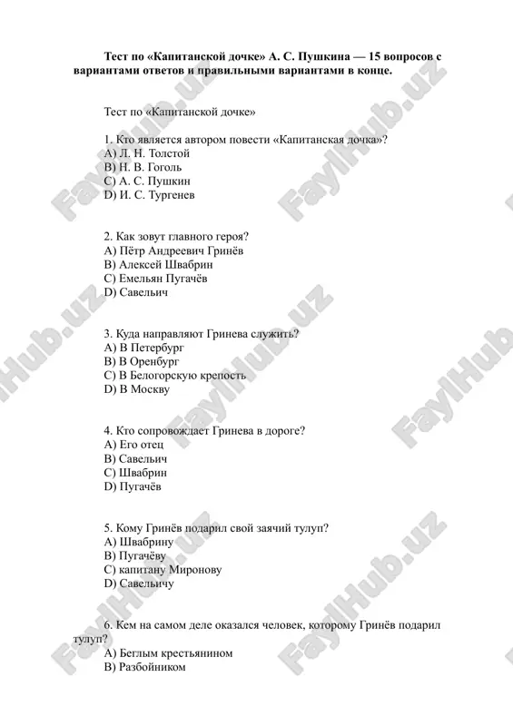 test po «kapitanskoy dochke» a. s. pushkina. — DOCX
