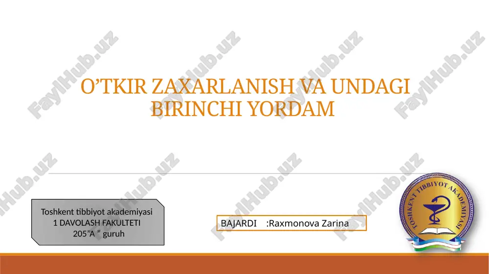 o’tkir zaxarlanish va undagi birinchi yordam bajardi — PPTX