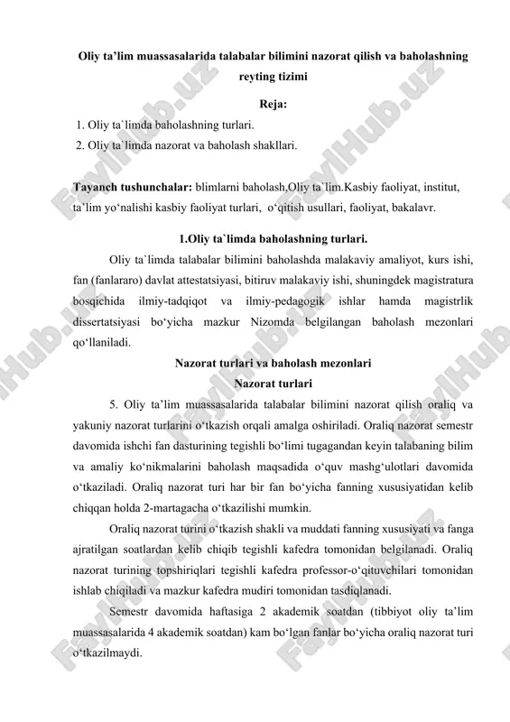 oliy ta'lim muassasalarida talabalar bilimini nazorat qilish va baholashning reyting tizimi — DOCX