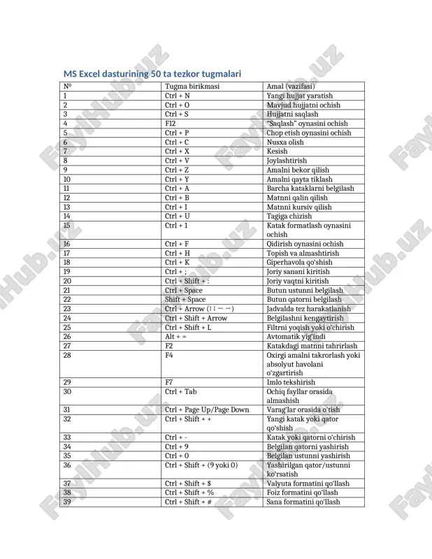 ms excel dasturining 50 ta tezkor tugmalari — DOCX