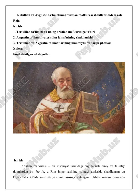 tertullian va avgustin ta’limotining xristian mafkurasi shakllanishidagi roli — DOCX