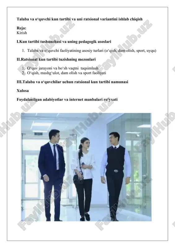 talaba va o‘quvchi kun tartibi va uni ratsional variantini ishlab chiqish — DOCX