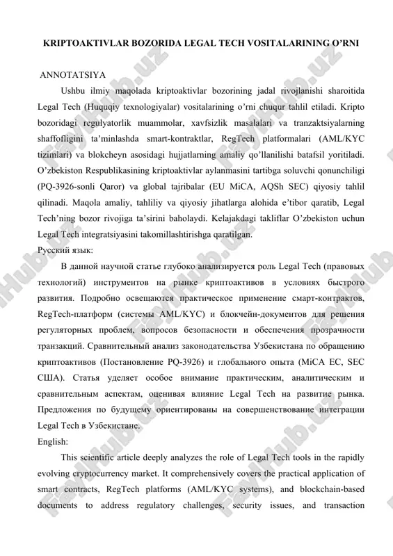 kriptoaktivlar bozorida legal tech vositalarining o'rni — DOCX