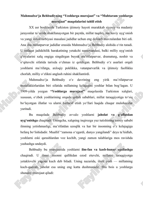 mahmudxo‘ja behbudiyning “yoshlarga murojaat” va “muhtaram yoshlarga murojaat” maqolalarini tahlili — DOCX