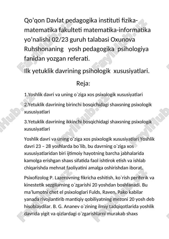 ilk yetuklik davrining psixologik hususiyatlari — DOCX