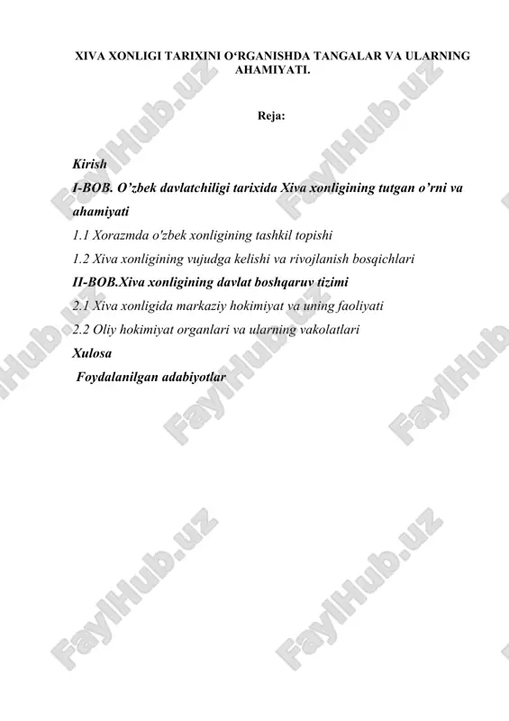 xiva xonligi tarixini oʻrganishda tangalar va ularning ahamiyati. — DOCX