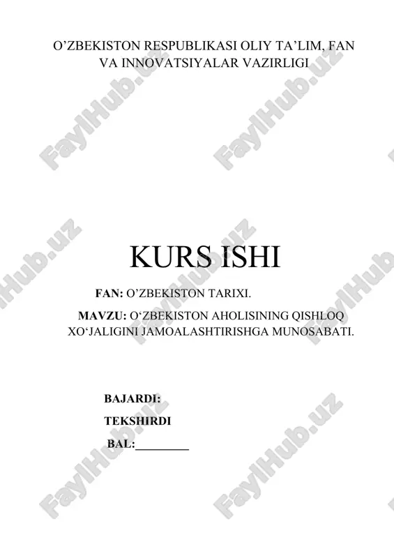 o'zbekiston aholisining qishloq xo'jaligini jamoalashtirishga munosabati — DOCX