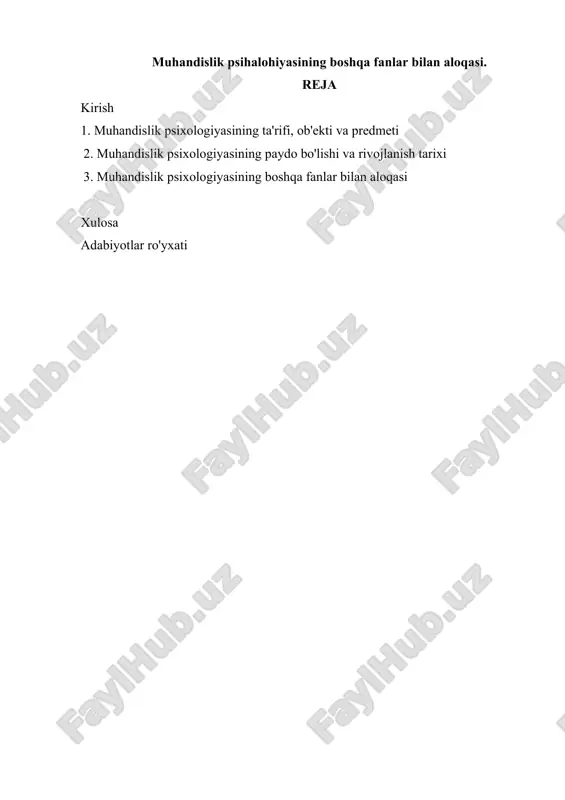 muhandislik psihalohiyasining boshqa fanlar bilan aloqasi. — DOCX