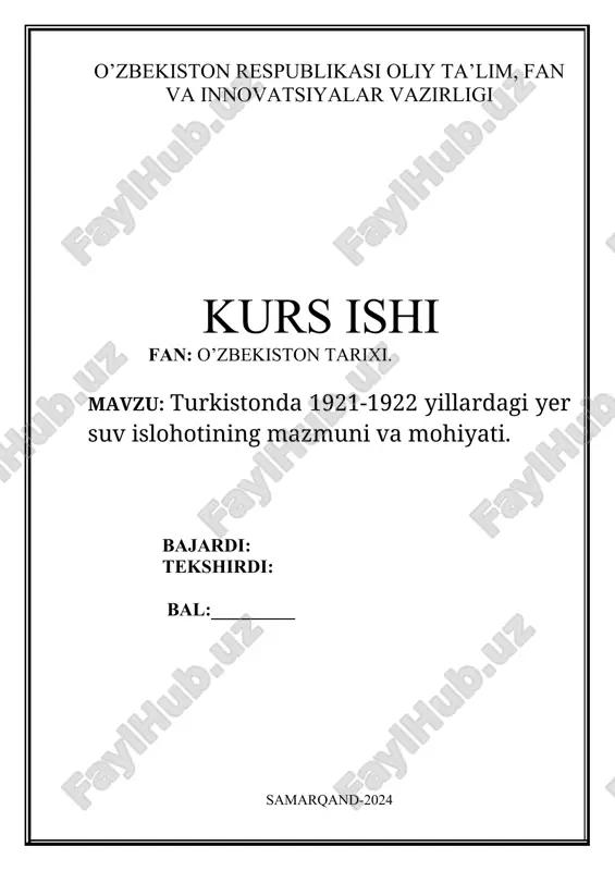 yer-suv islohotlari turkistonda 1921-1922 yillarda — DOCX