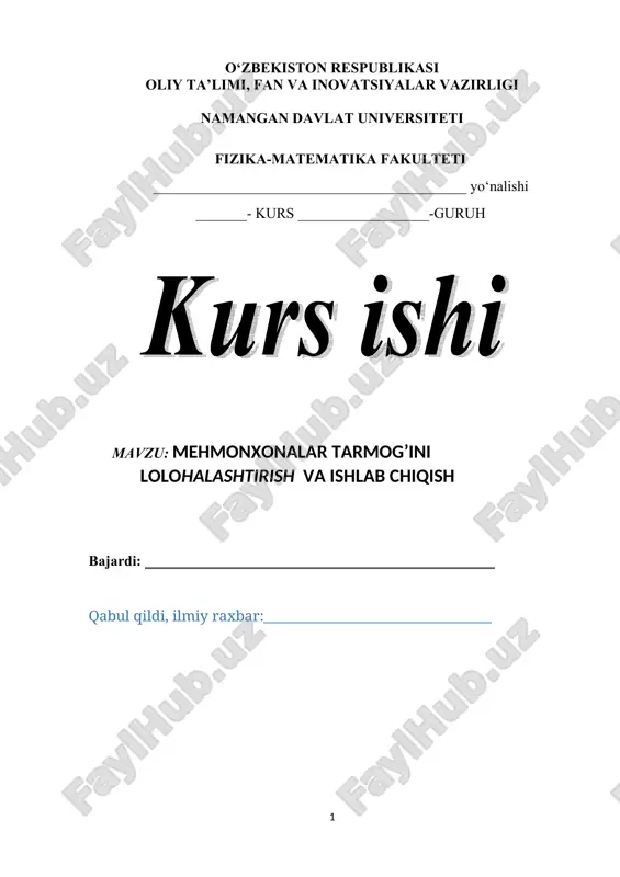 mehmonxonalar tarmog’ini lolohalashtirish va ishlab chiqish — DOCX