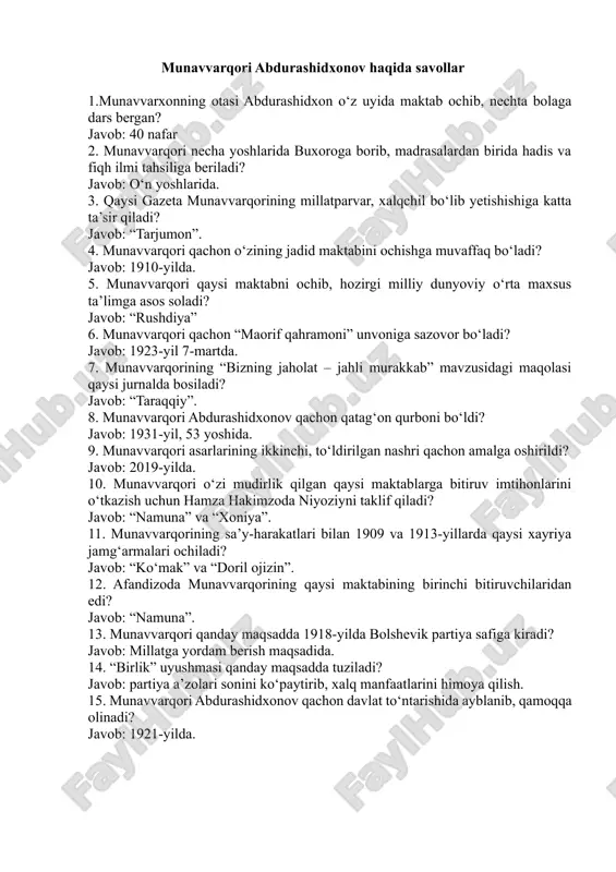 munavvar qori abdurashidxonov test 15 ta lik — DOCX