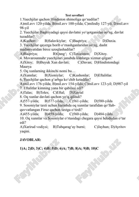 yuechjilar test variantli javoblari bilan 10 talik — DOCX