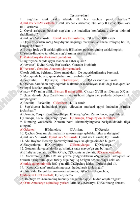 sug'diylar va xorazmiylar. test savollari(javoblari bilan) — DOCX
