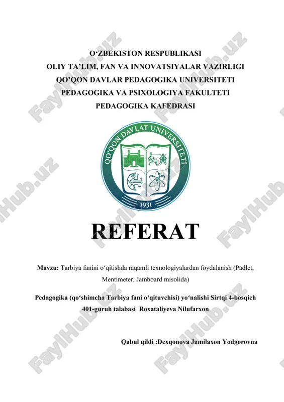 tarbiya fanini oʻqitishda raqamli texnologiyalardan foydalanish (padlet, mentimeter, jamboard misolida) — DOCX