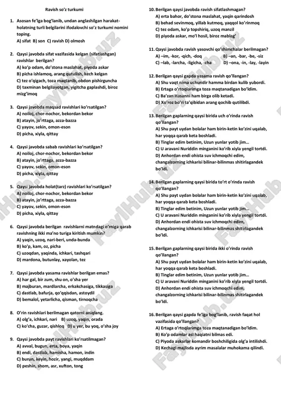 ravish so’z turkumi test — PDF