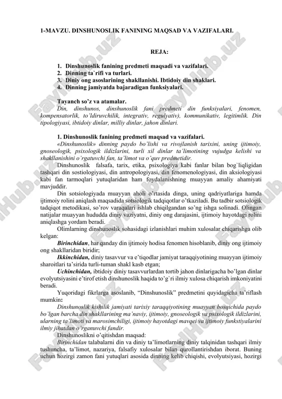 dinshunoslik fanining maqsad va vazifalari — DOCX