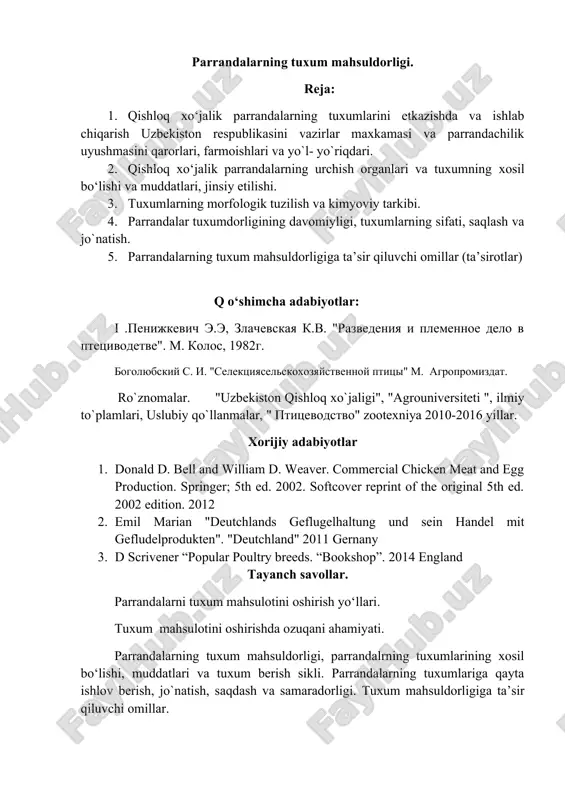 parrandalarning tuxum mahsuldorligi — DOCX