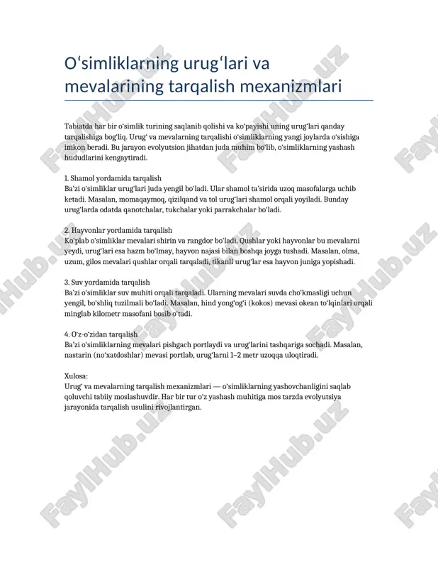 urugʻ va mevalarning tarqalishi — DOCX
