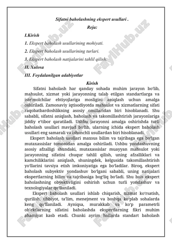 sifatni baholashning ekspert usullari — DOCX