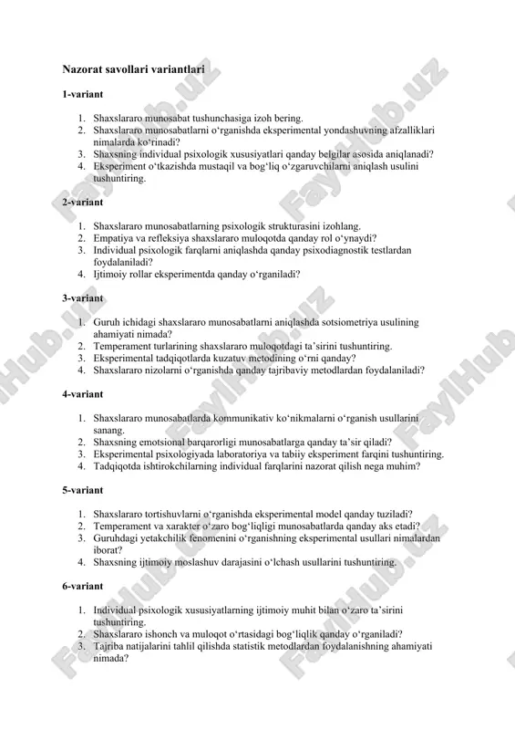 nazorat savollari variantlari — DOCX