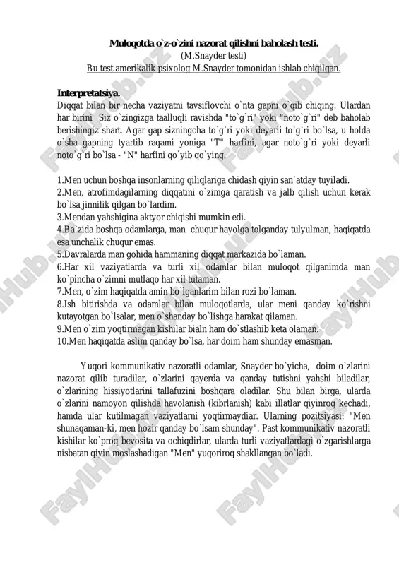 muloqotda o`z-o`zini nazorat qilishni baholash testi — PDF