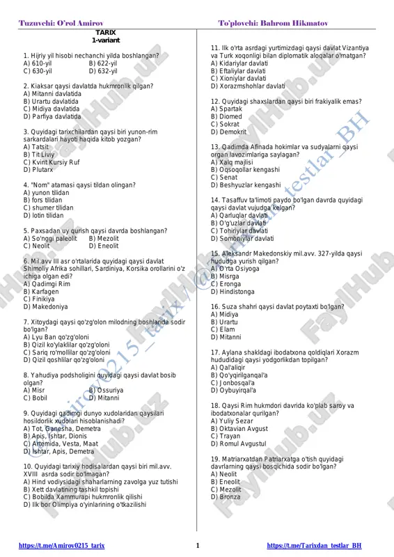 tarix zo'r testlar — PDF
