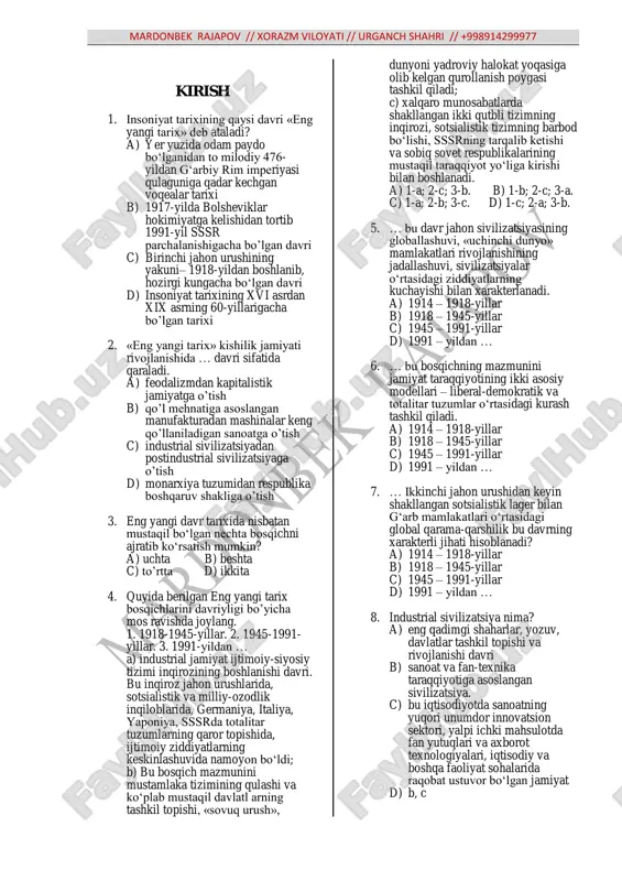 10 sinf jahon tarixi mavzulashtirilgan test — PDF