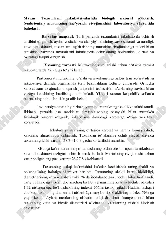 tuxumlarni inkubatsiyalash — DOCX