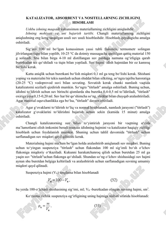 katalizator, adsorbent va nositellarning zichligini hisoblash — DOCX