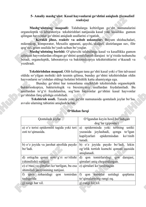 kasal hayvonlarni go‘shtini aniqlash (formalinli reaksiya) — DOCX